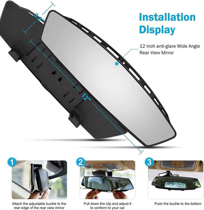 Universal 12 Inch Interior Clip on Panoramic Rearview Car Wide Angle Mirror, anti Glare, Clear Tint